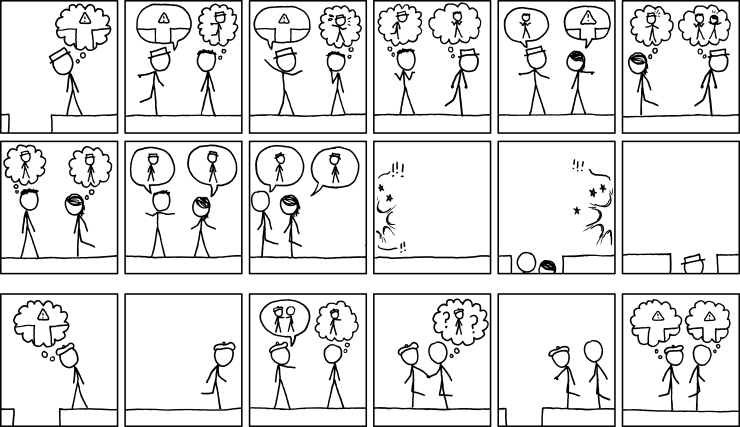 An XKCD comic on communication. It's original title text: Anyone who says that they're great at communicating but 'people are bad at listening' is confused about how communication works.